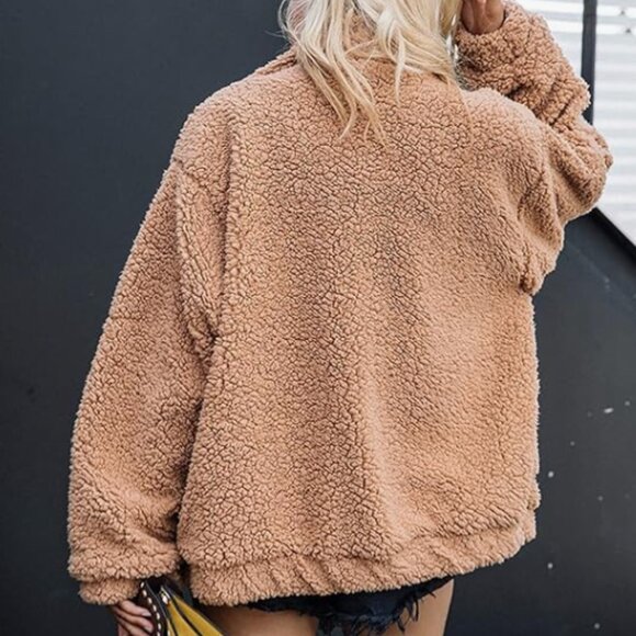 Light Brown Faux Shearling Sherpa Teddy Fleece Fuzzy Oversized Zip Up Jacket NEW - Picture 4 of 8